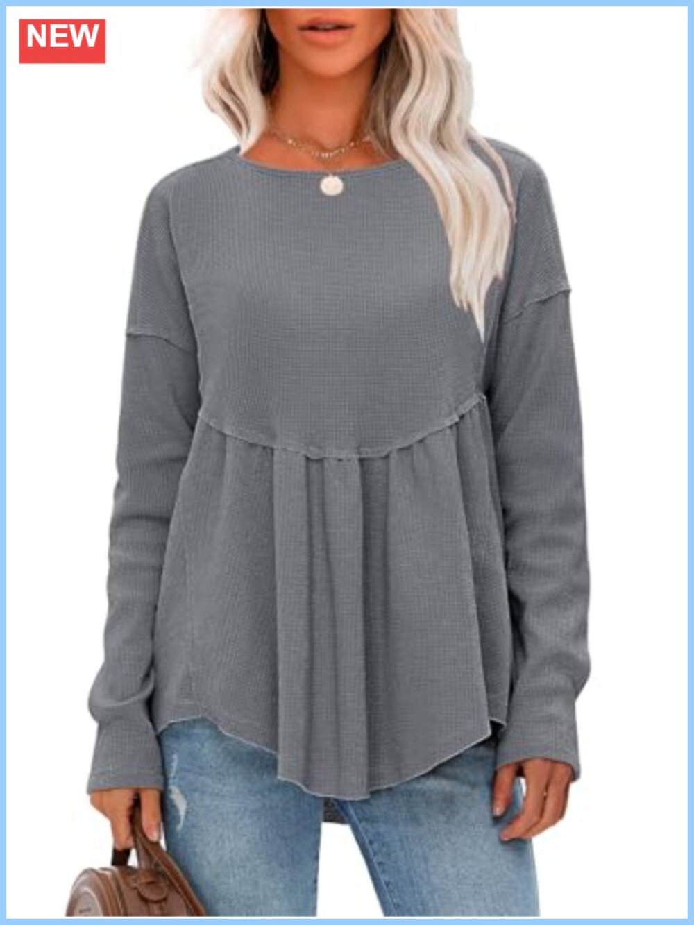 Waffle Knit Long Sleeve Tunic Top Crewneck Loose Babydoll Maternity